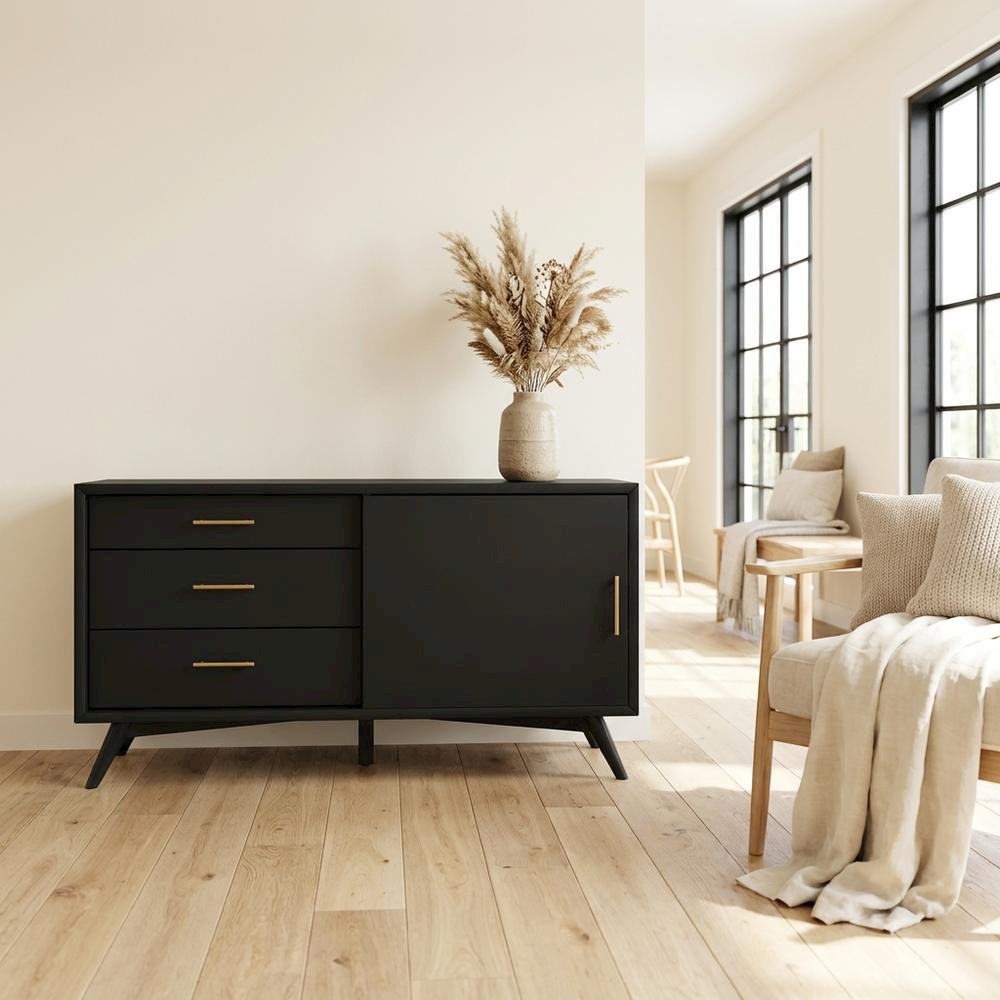 Black Small TV Console, Mid Century Modern Style, Rubberwood & Walnut Veneers