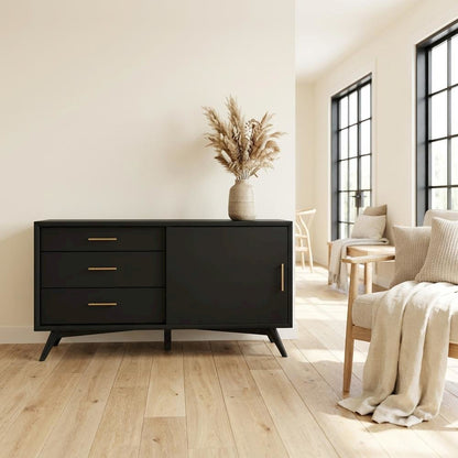 Black Small TV Console, Mid Century Modern Style, Rubberwood & Walnut Veneers