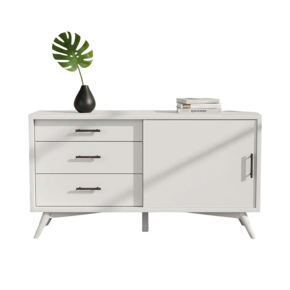 White Small TV Console with Mahogany Solids and Veneer, Modern Style