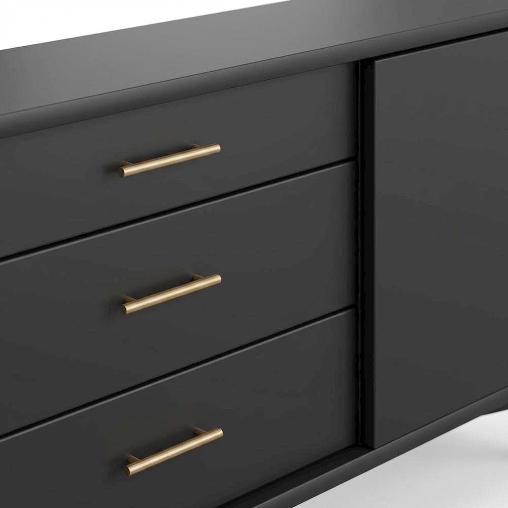 Black Small TV Console, Mid Century Modern Style, Rubberwood & Walnut Veneers