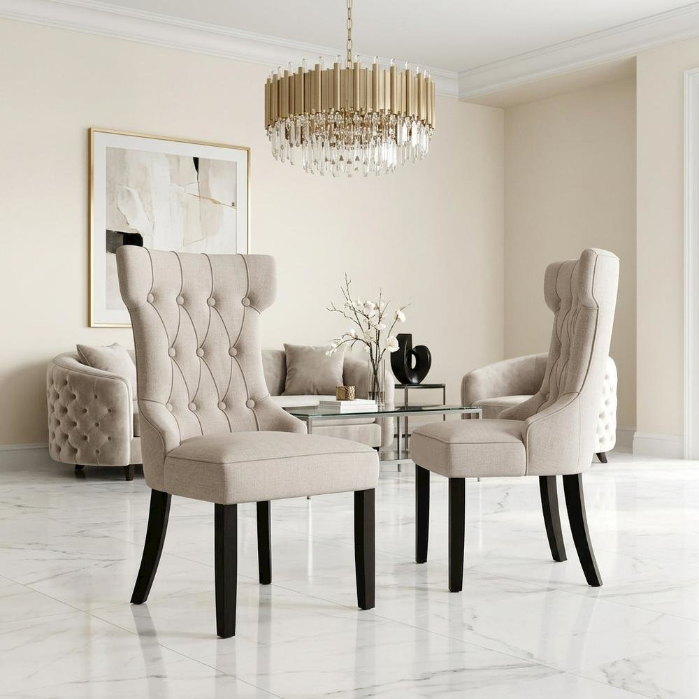Solid Wood Linen-Upholstered Dining Chairs for Kitchen and Dining Room, Set of 2