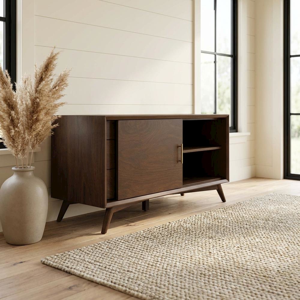 Walnut Small TV Console, Mid Century Modern Design, Solid Wood Construction