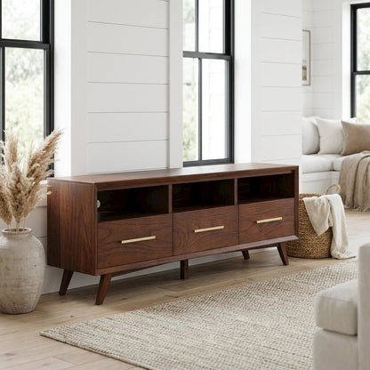 Mid Century Modern Brown TV Console with Mahogany Solids & Veneer