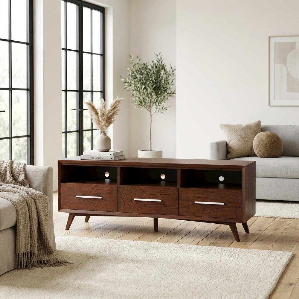 Mid Century Modern Brown TV Console with Mahogany Solids & Veneer