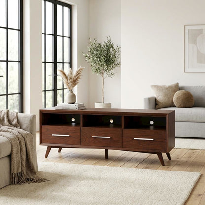 Mid Century Modern Brown TV Console with Mahogany Solids & Veneer