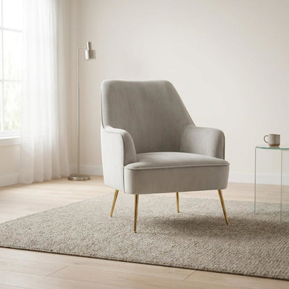 Velour Fabric Accent Chair with Rubberwood Frame, Grey with Gold Legs