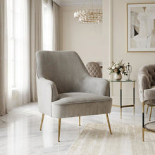 Velour Fabric Accent Chair with Rubberwood Frame, Grey with Gold Legs