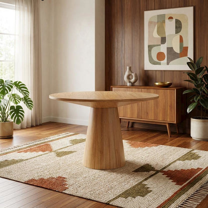 Natural Round Dining Table, Mid-Century Modern Style, Seats 4