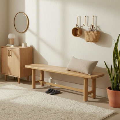 Light Oak Modern Dining Bench with Open Leg Space and Sleek Design