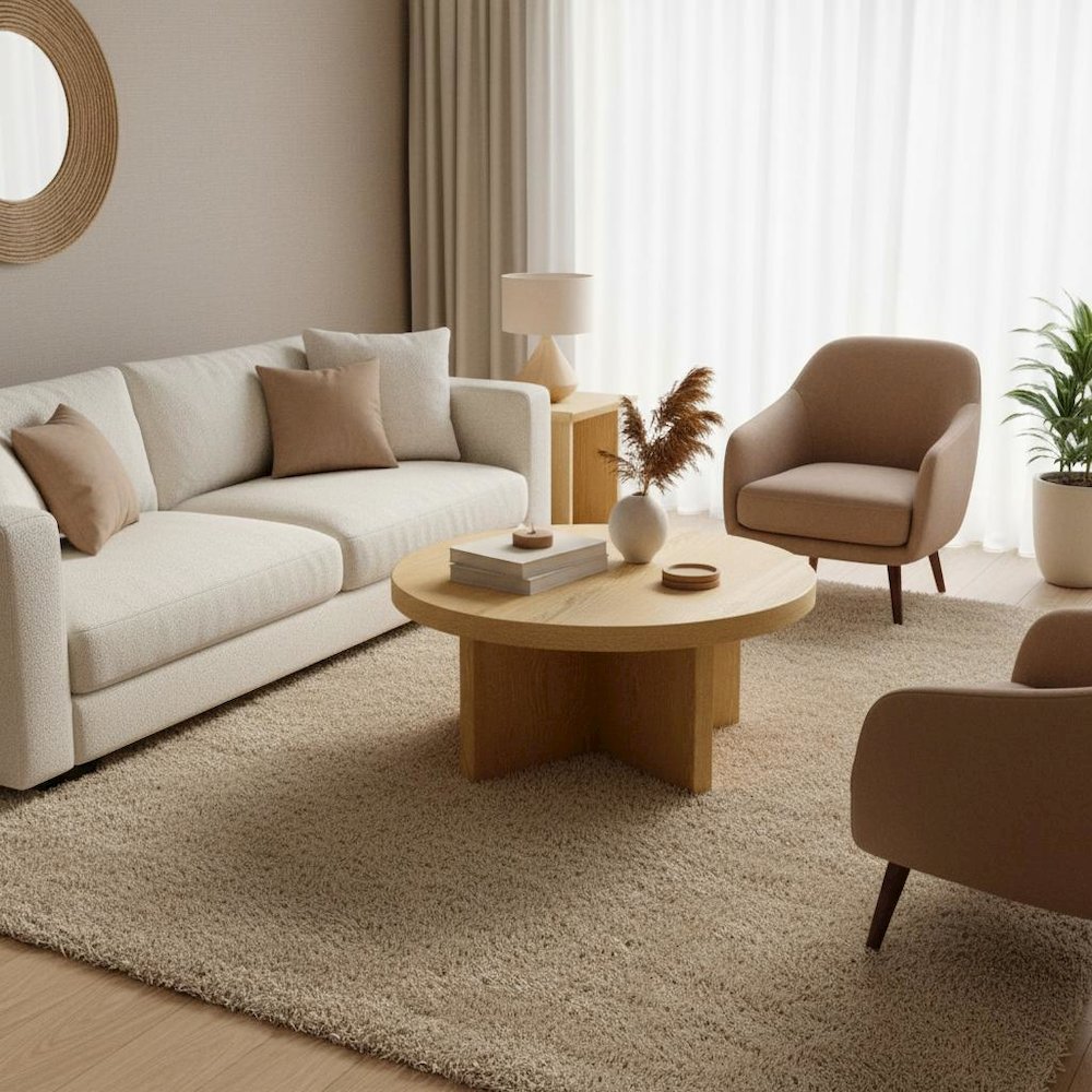 Round Coffee Table with Wood-tone Top and Modern Rustic Style Solid Base