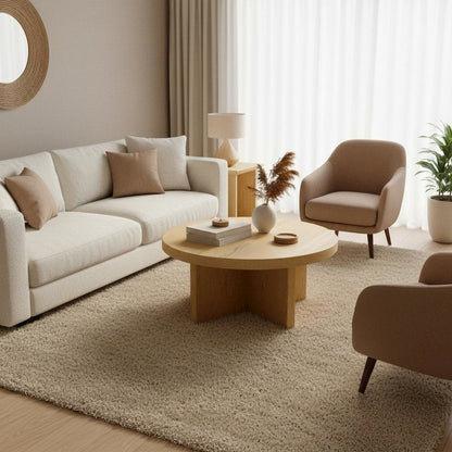 Round Coffee Table with Wood-tone Top and Modern Rustic Style Solid Base