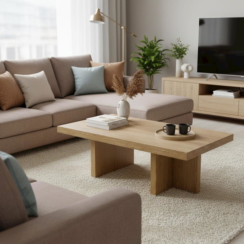 Rectangular Oak Coffee Table with Modern Rustic Design and Solid Build
