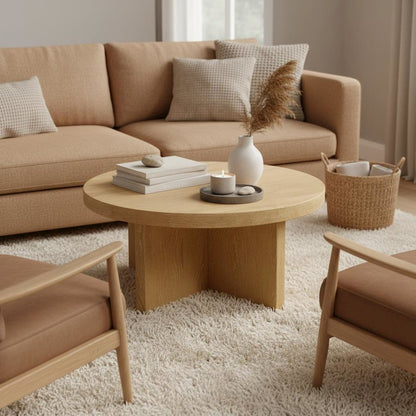 Round Coffee Table with Wood-tone Top and Modern Rustic Style Solid Base