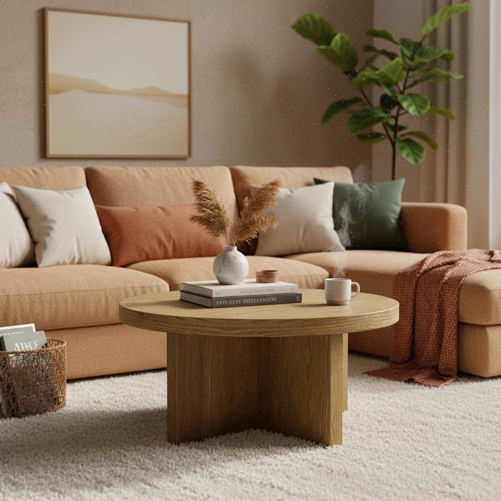 Round Coffee Table Oak Wood Modern Rustic Design Single Piece