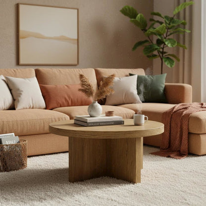 Round Coffee Table Oak Wood Modern Rustic Design Single Piece
