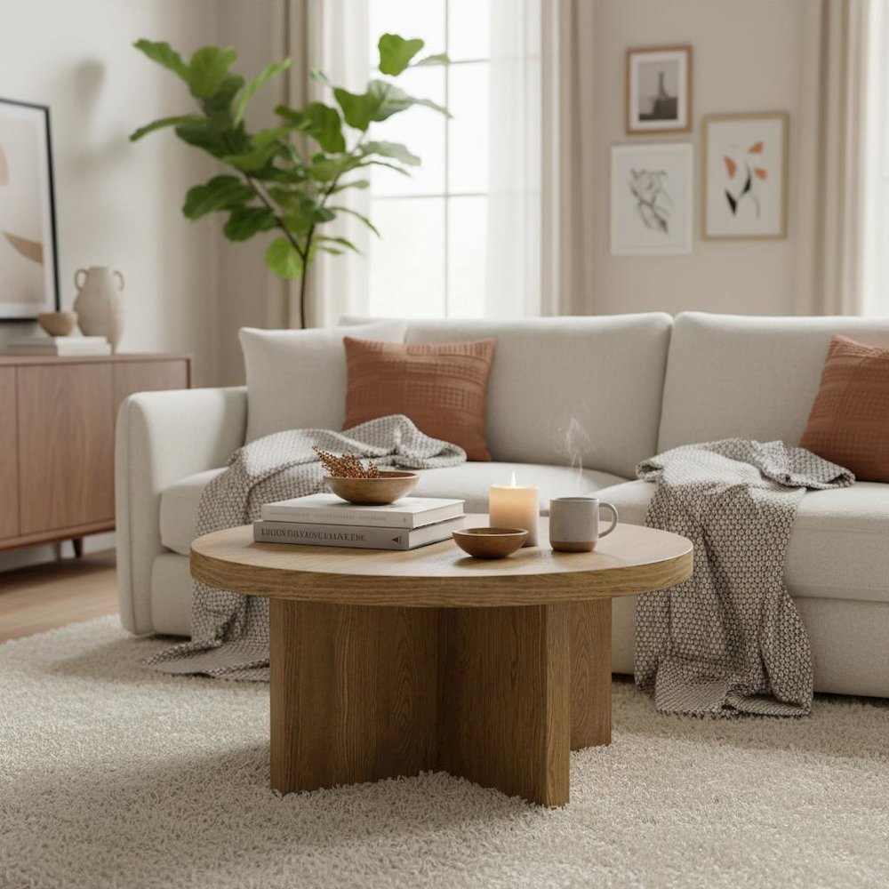 Round Coffee Table Oak Wood Modern Rustic Design Single Piece