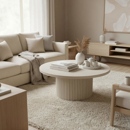 White Wash Round Cocktail Table with Modern Design and Sturdy Base