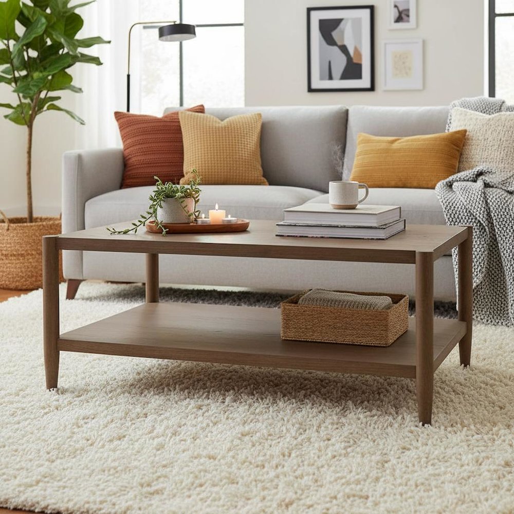 Walnut Rectangular Coffee Table with Modern Contemporary Design and Sturdy Build
