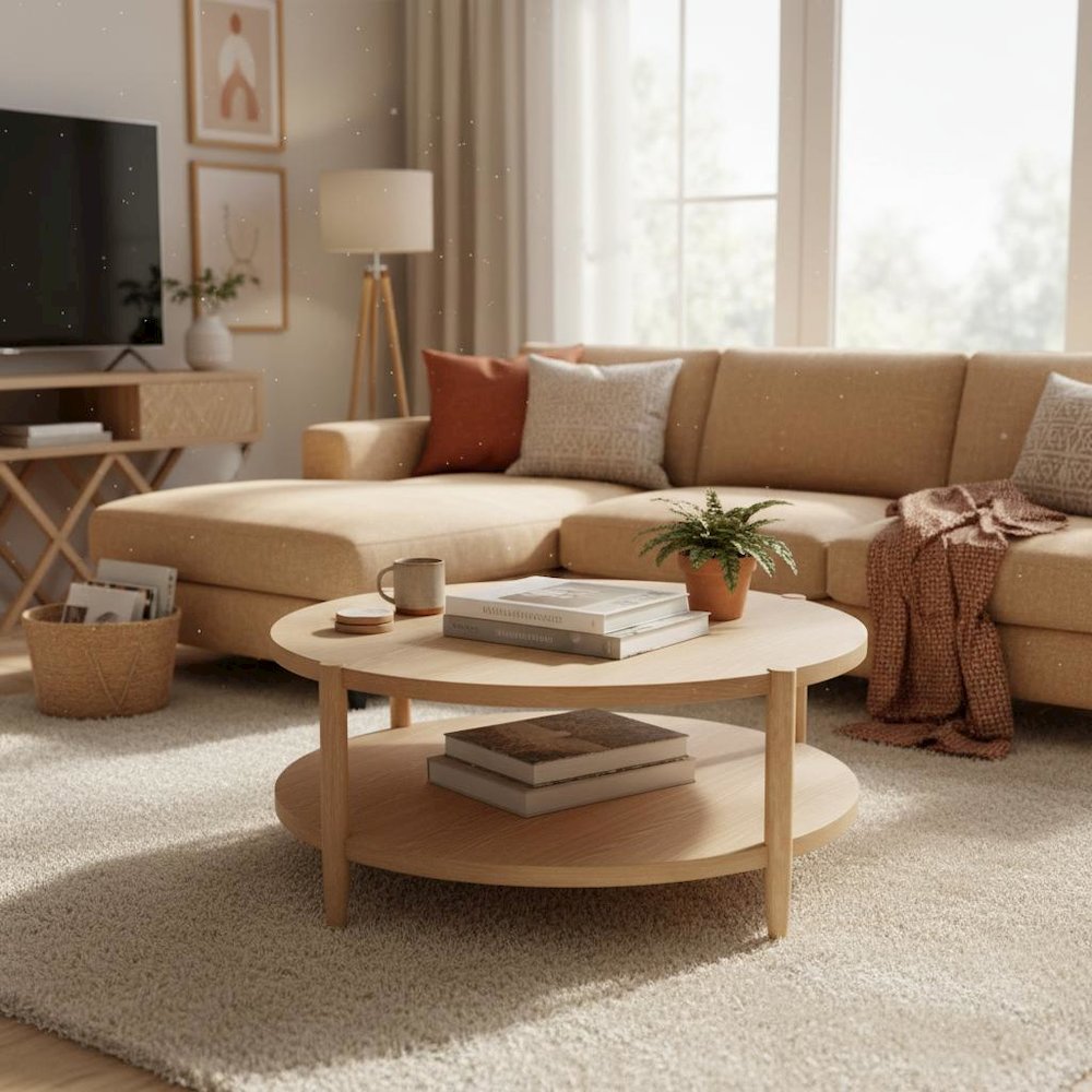 Neutral Round Coffee Table with Modern Contemporary Design and Sturdy Build
