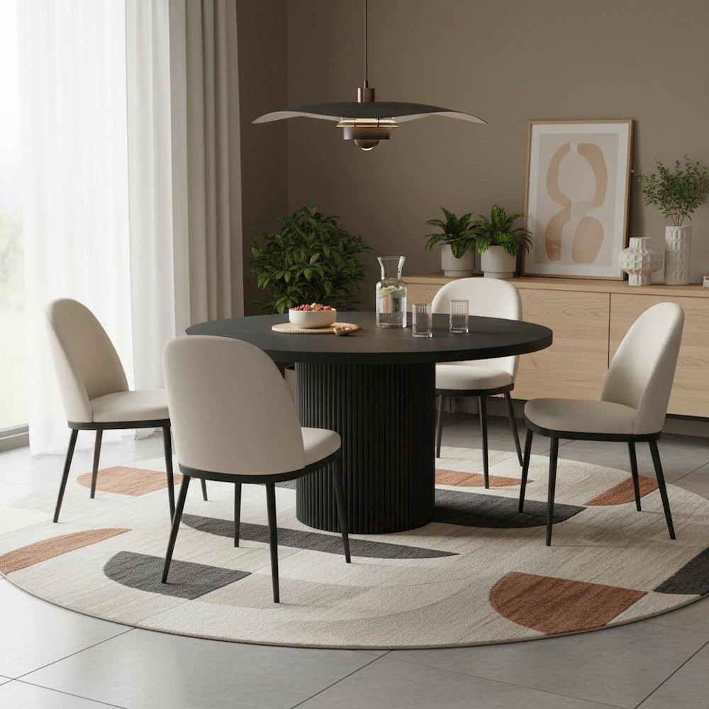 Round Dining Table Black Modern Design Single Piece with Thick Top