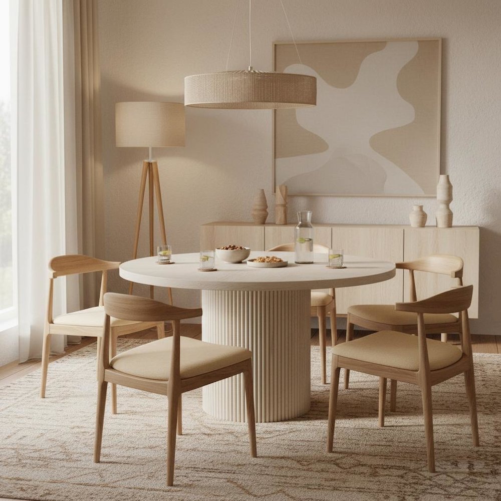 Round Dining Table White Wash Modern Design with Thick Tabletop Solid Legs