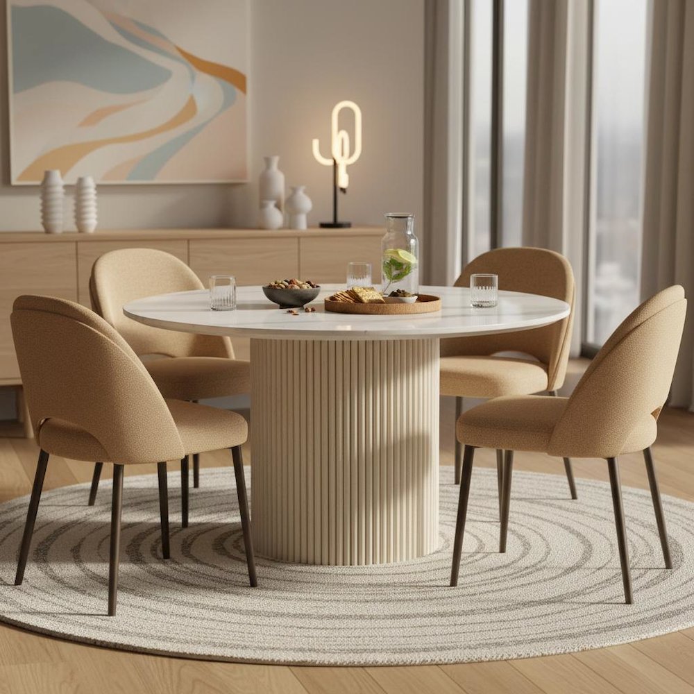 Round Dining Table White Wash Base Quartz Top Modern Design Solid Construction