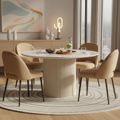 Round Dining Table White Wash Base Quartz Top Modern Design Solid Construction