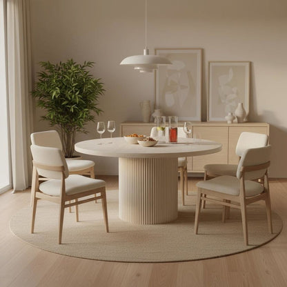Round Dining Table White Wash Modern Design with Thick Tabletop Solid Legs
