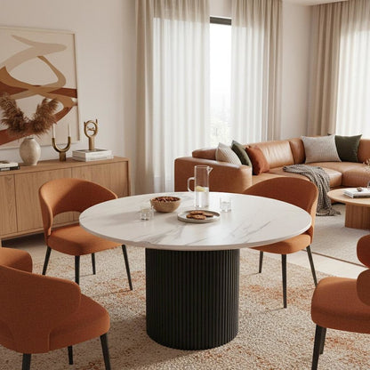 Black Round Dining Table with Quartz Top and Modern Sturdy Legs