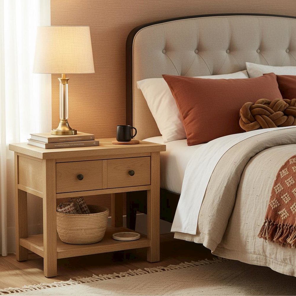 White One Drawer Nightstand with Rubberwood Solids and Oak Veneer