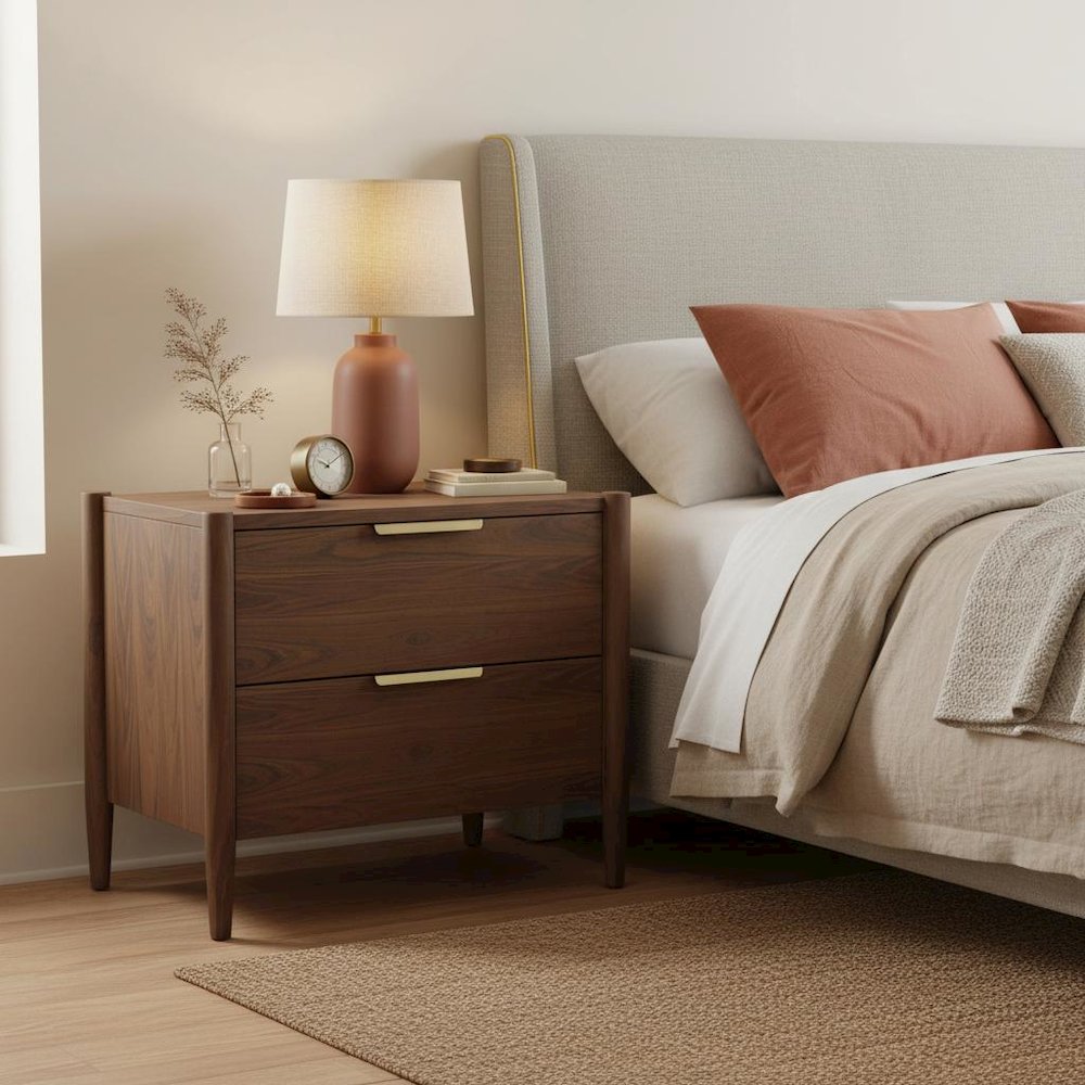 Walnut Nightstand with Drawer Rubberwood Solids Oak Veneer Modern Design