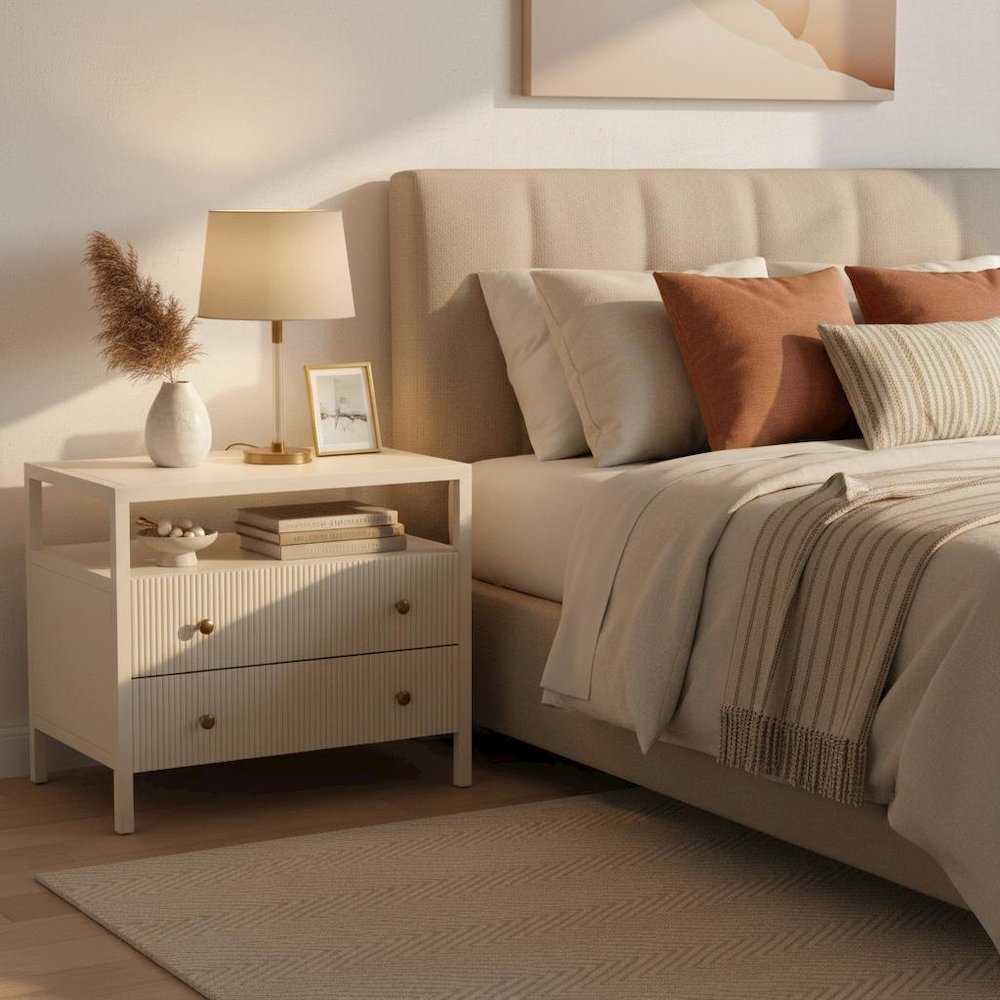Nightstand with Drawer Rubberwood Solids and Oak Veneer Modern Farmhouse Design