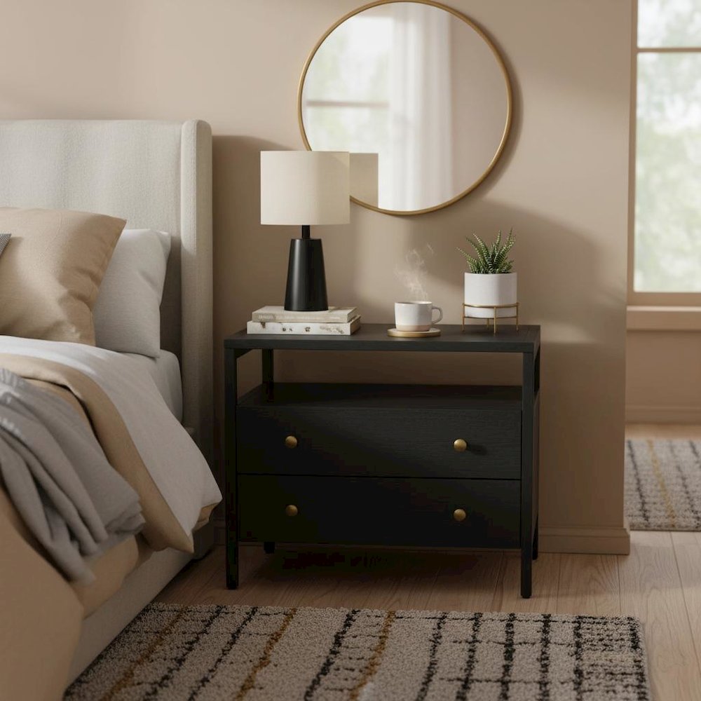 Black Modern Farmhouse Nightstand with Drawer Rubberwood Solids Oak Veneer