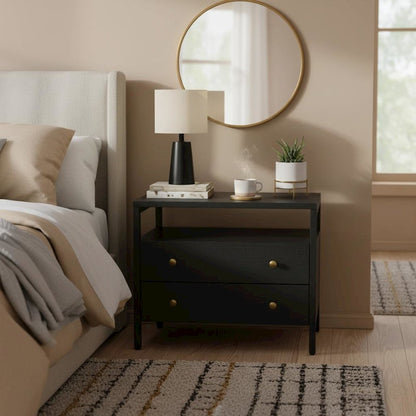 Black Modern Farmhouse Nightstand with Drawer Rubberwood Solids Oak Veneer