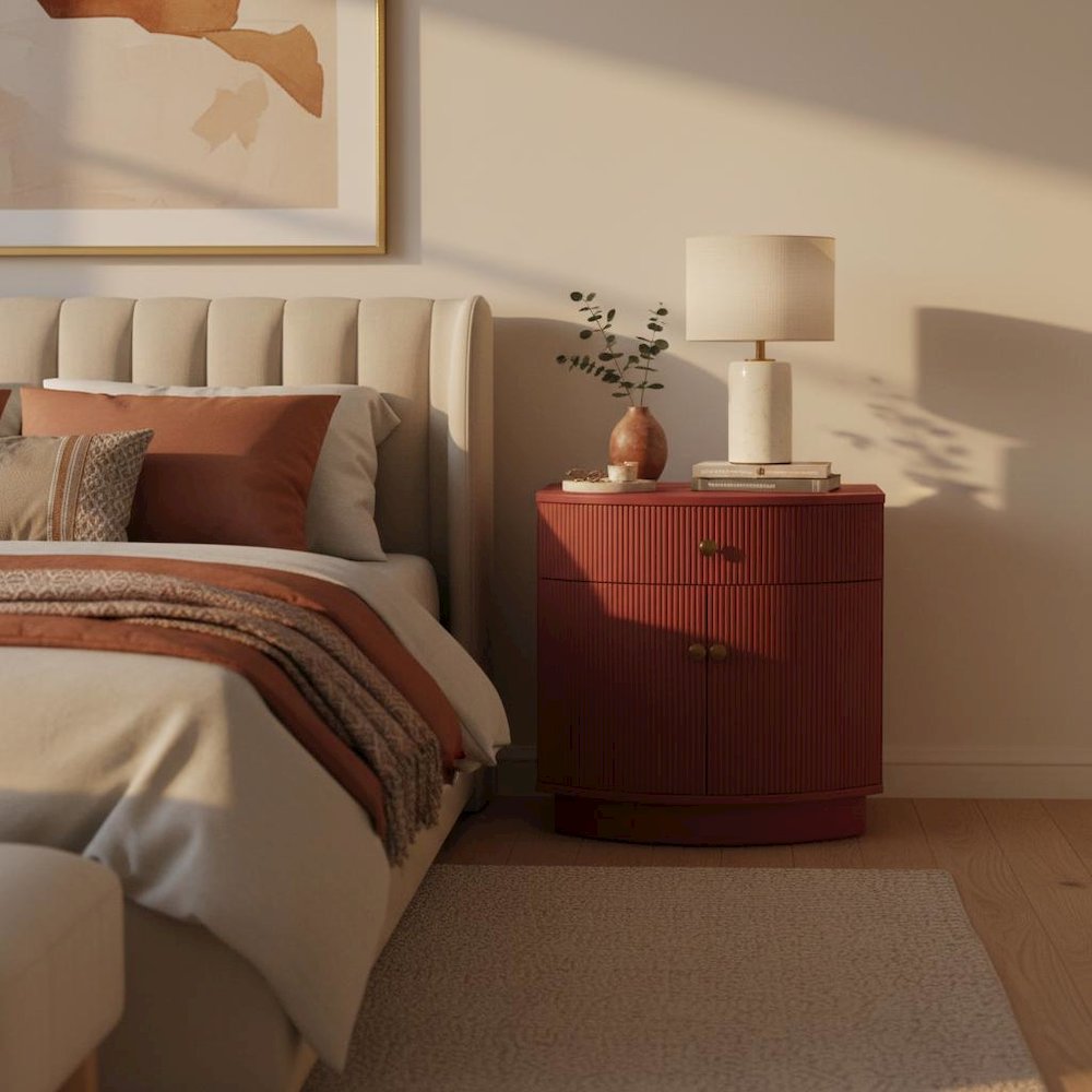 Burgundy Modern Contemporary Nightstand with Bottom Shelf and Drawer Storage
