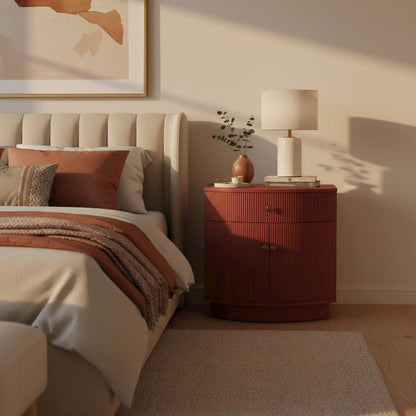 Burgundy Modern Contemporary Nightstand with Bottom Shelf and Drawer Storage
