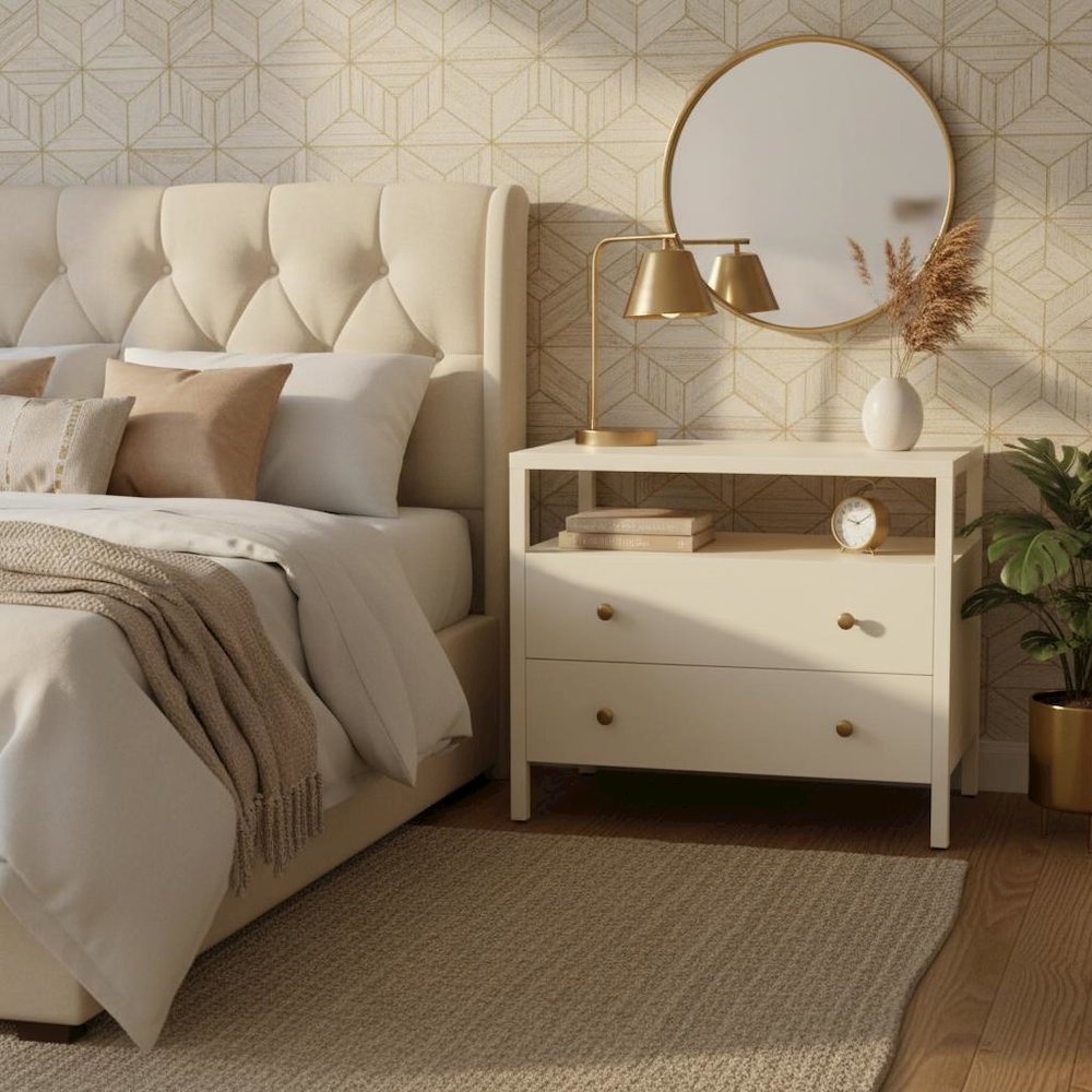 Nightstand with Drawer Modern Farmhouse Rubberwood and Oak Veneer