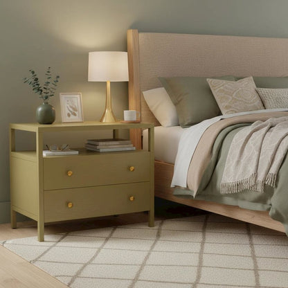 Modern Farmhouse Nightstand with Drawer Rubberwood Solids Oak Veneer