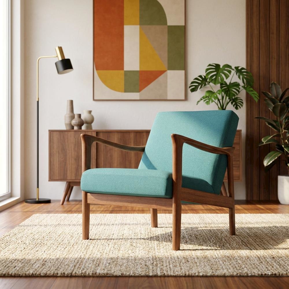 Solid Rubberwood Lounge Chair, Transitional Accent Chair, Medium Brown-Turquoise