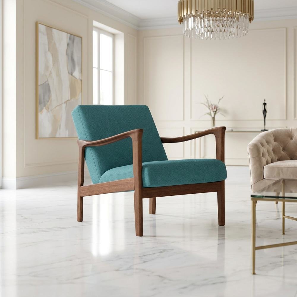 Solid Rubberwood Lounge Chair, Transitional Accent Chair, Medium Brown-Turquoise