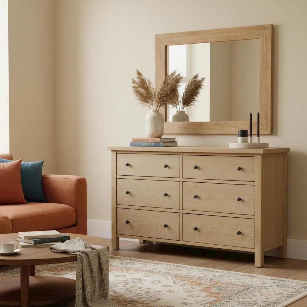 Six Drawer Dresser in Neutral Finish with Modern Farmhouse Style