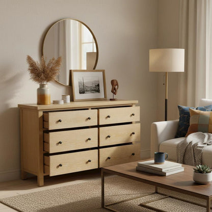 Six Drawer Dresser in Neutral Finish with Modern Farmhouse Style