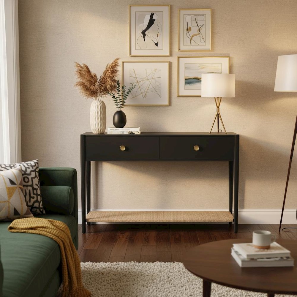 Console Table Charcoal Gray Modern Design with Drawer and Open Shelf Storage