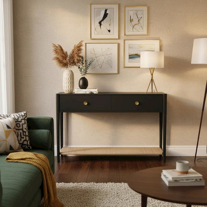 Console Table Charcoal Gray Modern Design with Drawer and Open Shelf Storage