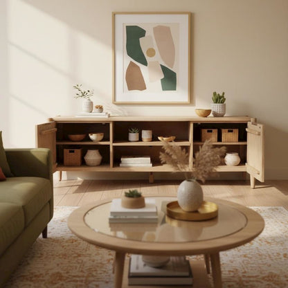 Wood-Finish TV Console with Modern Contemporary Design and Middle Shelf Storage