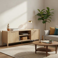 Wood-Finish TV Console with Modern Contemporary Design and Middle Shelf Storage