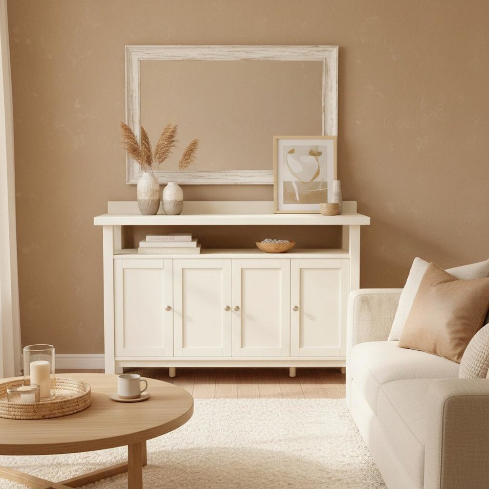 Sideboard with Open Shelf Modern Farmhouse Style Sturdy Storage