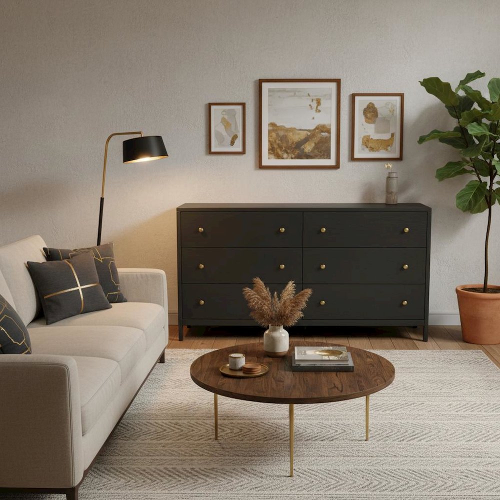 Black Modern Farmhouse Dresser with Spacious Drawers and Sleek Design