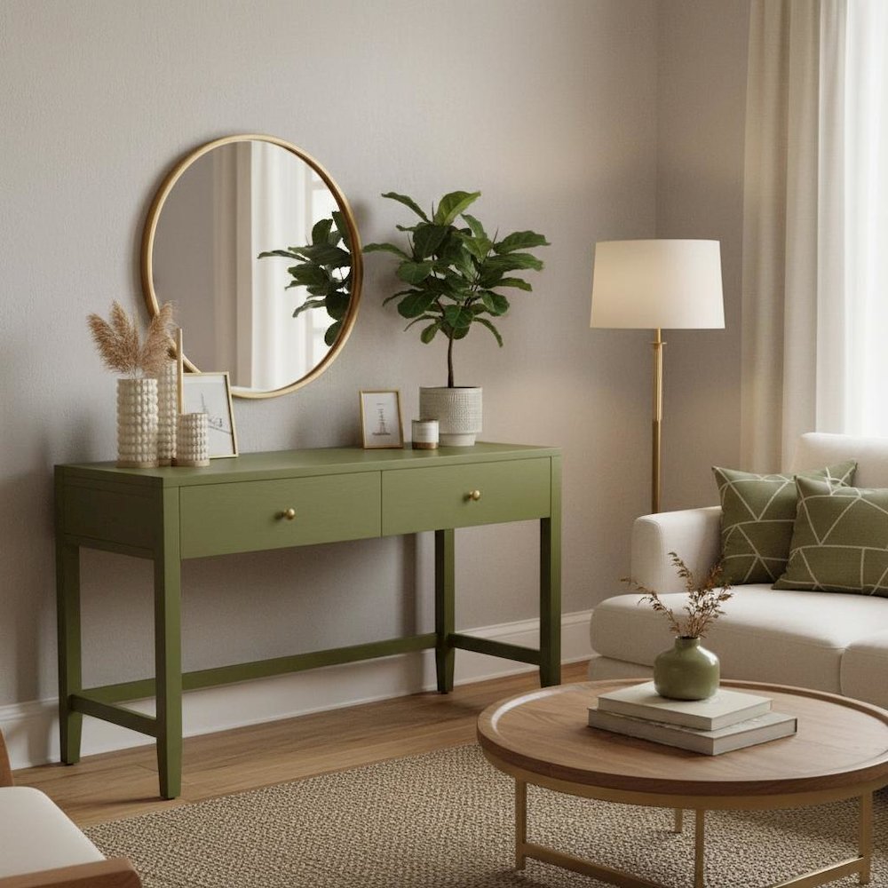Olive Finish Writing Desk with Drawer Modern Farmhouse Design Solid Build