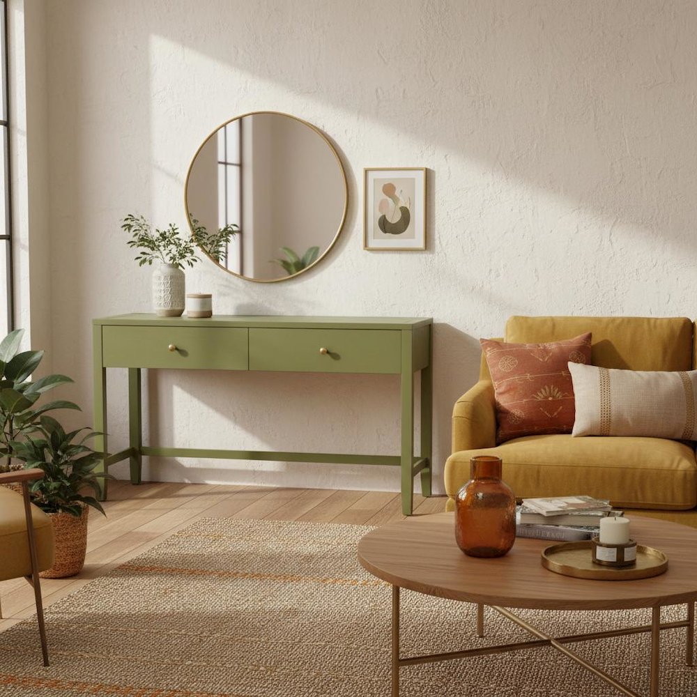 Olive Finish Writing Desk with Drawer Modern Farmhouse Design Solid Build